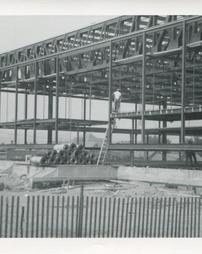 Library steel frame with worker on latter