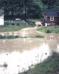 Woman and child view floodwaters on Jones Drive, 1956.