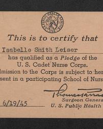 U.S. Cadet Nurse Corps pledge card