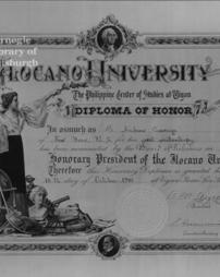 Diploma of honorary president of the Ilocano University, Vigan in the Philippines, 16th October, 1907