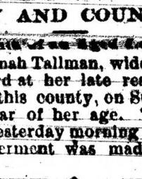 City and County; Death of an Aged Lady [Mrs. Hannah Tallman]