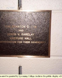 Plaque in Barclay Lecture Hall in Heim Biology and Chemistry Building