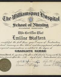 Diploma of Emiline Stafford, awarded by the Williamsport Hospital School of Nursing on September 5, 1934