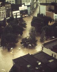Wilkes-Barre, PA - Military Helicopter Aerial of Public Square - Hurricane Agnes Flood