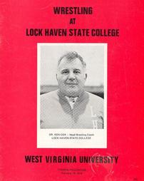 Lock Haven State College vs. West Virginia University wrestling match program, Ken Cox