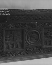 Carved wood casket containing the Freedom of the Borough of Bideford, England and an address of thanks from the Mayor, Alderman and Burgesses, 2nd June, 1909