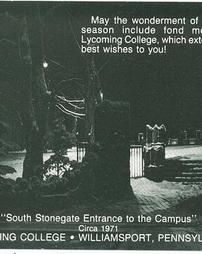 Christmas postcard of south stone gate entrance to Lycoming College campus
