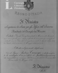 Diploma awarded by Italian government in recognition of aid rendered during Avezzano earthquake-- January, 1915