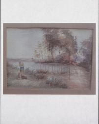 Copy of a watercolor of a man holding a fishing pole, fishing in a stream