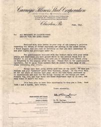 Letter from the Superintendent of Clairton Works to Returning Steelworkers Serving With the Armed Forces