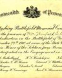 Gettysburg Battlefield Memorial Commission invitation card for Winfield S. Shields, Honor Ceremony, September 27, 1910