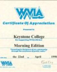 WVIA Certificate of Appreciation