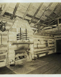 McMurray Boy Scouts cabin interior, near fireplace, 1935.