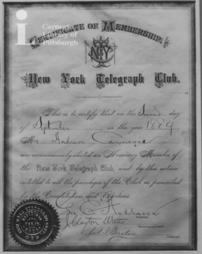 Certificate of membership, New York Telegraph Club, 2nd September, 1889