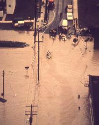 Wilkes-Barre, PA - Military Helicopter Aerial of Northampton St. Staging Area - Hurricane Agnes Flood