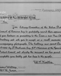 Address of thanks for free library building from Runcorn, England-- February, 1907
