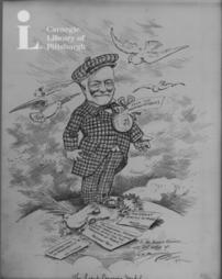 Original cartoon representing Mr. Carnegie with "the latest Carnegie medal"
