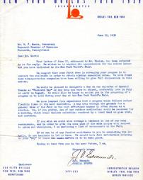 Letter from New York World's Fair 1939 Special Events to W.F. Mertz