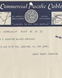 Cable from Bobby Johnston to Warren [Letter 91]