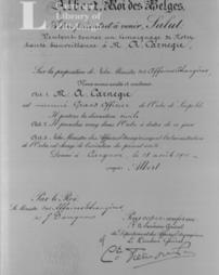Diploma conferring on Mr. Carnegie the decoration of Grand Officer of the Order of Leopold, 18th August, 1911
