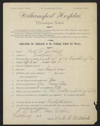 Application of Nelle B. Mitchell for admission to the Williamsport Hospital Training School for Nurses