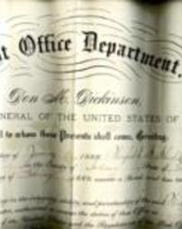 Certificate Naming Winfield S. Shields Postmaster of Brady, February 8, 1889