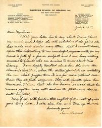 Letter from Charles M. Barrows to Jennie Trein C. Trein regarding her daughter Marie