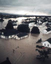 Wilkes-Barre, PA - Military Helicopter Aerial view of residential area destruction POST Hurricane Agnes flood.