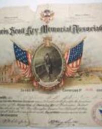Francis Scott Key Memorial Association Certificate of Membership to W.S. Shields, 1908
