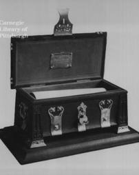 Casket of "silver-bound bog oak, found on the Burgh lands of Hawick, some years ago", containing the freedom of the Burgh of Hawick, England (i.e. Scotland), 2nd September, 1902