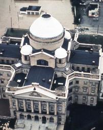 Wilkes-Barre, PA: Military Helicopter Aerial view of Luzerne County Courthouse during Hurricane Agnes flood.