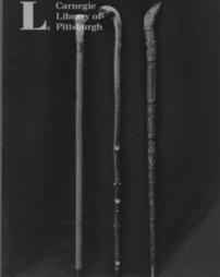 Walking stick with ivory head presented by Sir Tollemache Smith, 1899-- walking stick grown on top of Sir Walter Scott's tomb, Dryburgh Abbey, given to Mr. Carnegie by Thomas Fox, May 9th, 1901-- walking stick, carved, origin unknown (picture).