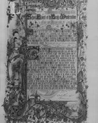 Illuminated address of thanks on the occasion of the founding of the Carnegie Dunfermline Trust, in green morocco frame, silver corners, from School Board of Dunfermline, Scotland, 24th August, 1903