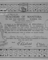 Address of thanks from teachers of Manitoba, 1910
