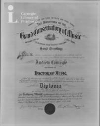 Degree of Doctor of Music conferred on Mr. Carnegie by the Grand Conservatory of Music of the City of New York, 24th April, 1899