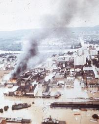 Wilkes-Barre, PA - Military Helicopter Aerial of Northampton St. Fire looking West (PA Avenue) - Hurricane Agnes Flood