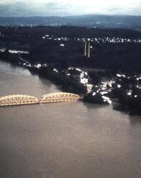 Wilkes-Barre, PA - Military Helicopter Aerial of Railroad Bridge over the Susquehanna River and Hurricane Agnes Flood