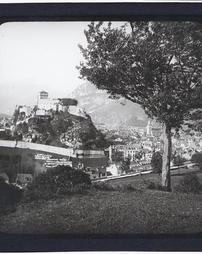 Spain. Unidentified. [Panoramic view of castle, city and mountains]
