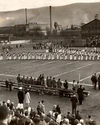 Williamsport High School Band at athletic field following Armistice Day Parade, November 1944