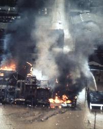 Wilkes-Barre, PA - Military Helicopter Aerial View of Northampton Street Fire - Hurricane Agnes flood.