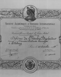 Certificate of benefactor membership of the Academic Society of International History of France, 12th October, 1916