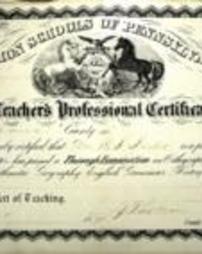 Common Schools of Pennsylvania Teacher's Professional Certificate Awarded to Mrs. W. S. Shields (1871)