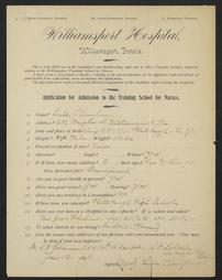 Application of Lula Thompson for admission to the Williamsport Hospital Training School for Nurses