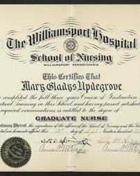 Diploma of Mary Gladys Updegrove, awarded by the Williamsport Hospital School of Nursing  on September 13, 1937