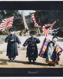 Japan. Banzai! [Three Japanese children hold Rising Sun Flags]
