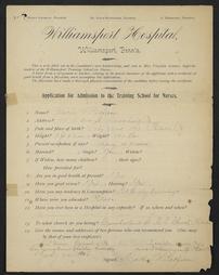 Application of Martha Washington Redfern for admission to the Williamsport Hospital Training School for Nurses