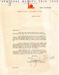 Letter from Promotion of New York World's Fair 1939 Inc. to Nazareth Chamber of Commerce