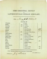 Semi-Sessional Report of Lawrenceville Female Seminary for Mary E. D. Wilson, July 1852