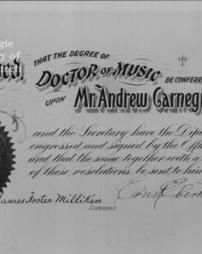 Degree of Doctor of Music conferred on Mr. Carnegie by the Grand Conservatory of Music of the City of New York
