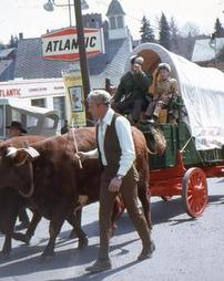 Ox Team Pulls Covered Wagon in Maple Festival Parade